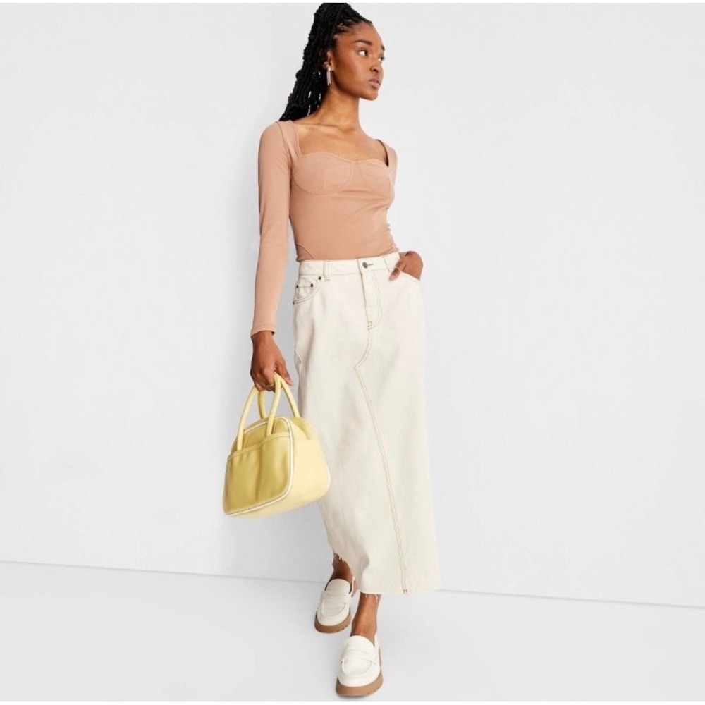 Future Collective Cream Denim Maxi Skirt High Rise Raw Hem Off White Size 10